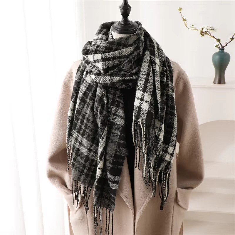 Cozy Cashmere Plaid Winter Scarf for Women, Thick Pashmina Shawl with Tassels