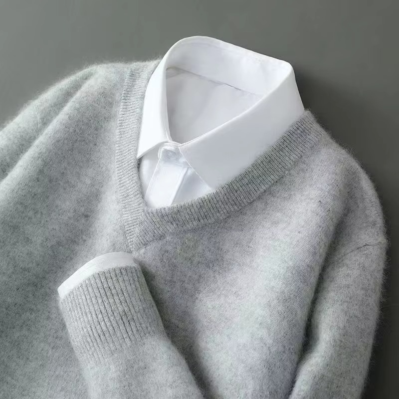 Men's Winter Cashmere Blend V Neck Sweater, Warm Knitted Pullover, Loose Fit Plus Size