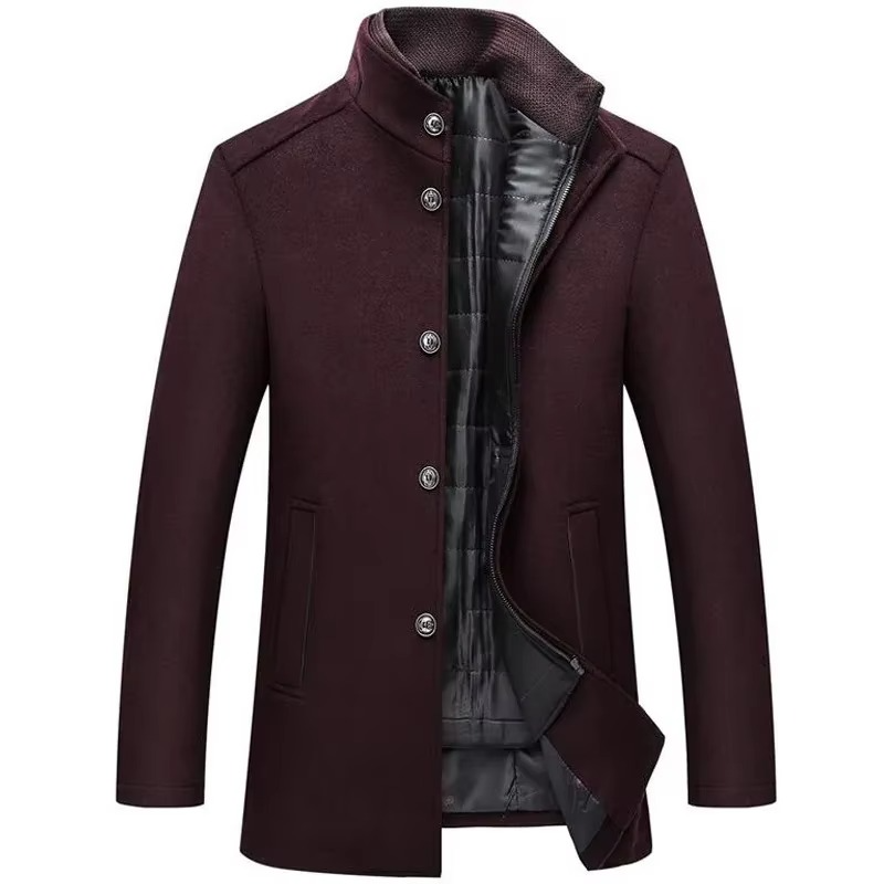 Men's Long Wool Winter Coat with Stand Collar and Detachable Vest