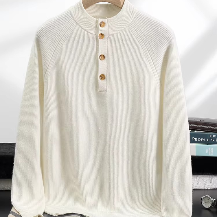 Men’s 100% Cashmere Pullover O Neck Sweater Soft Warm Buttoned Knitwear
