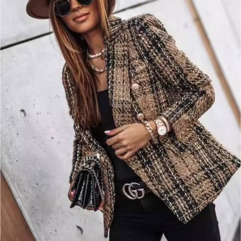 Women's Double Breasted Printed Suit with Pockets and Small Lapel for Autumn Winter