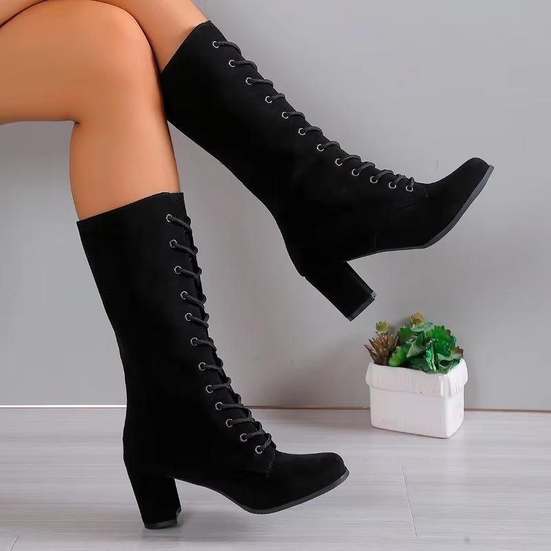 Women’s High Lace-Up Winter Boots with Round Toe and Sturdy Heel