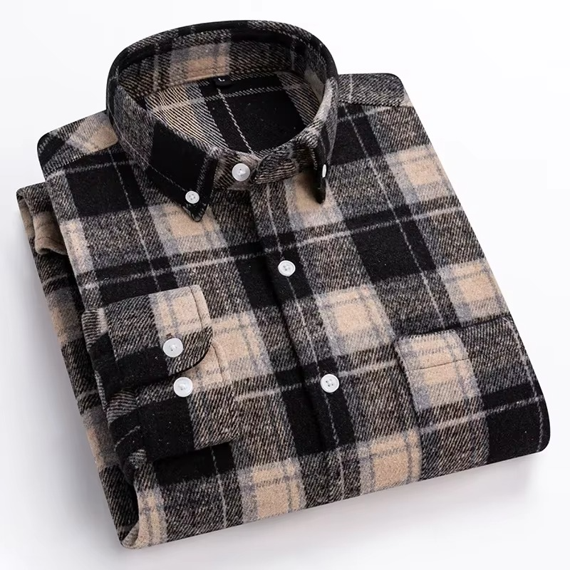 Men's Plus Size 7XL 100% Cotton Plaid Long Sleeve Shirt with Single Chest Pocket