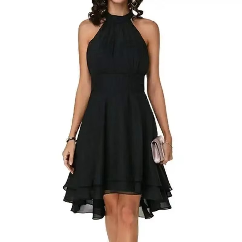 Elegant Sleeveless Halter Neck Ruffle Hem Summer Dress for Women