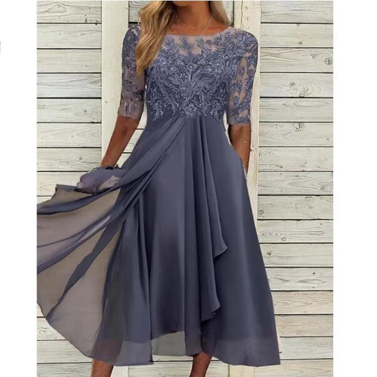 Elegant 2025 Summer Lace Embroidered Chiffon Midi Dress for Women – Formal & Party Wear