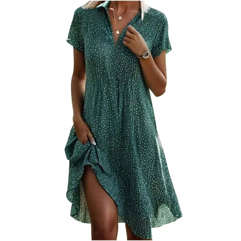 Summer Polka Dot Midi Shirt Dress for Women – Casual Loose Fit with Turn-Down Collar and Short Sleeves