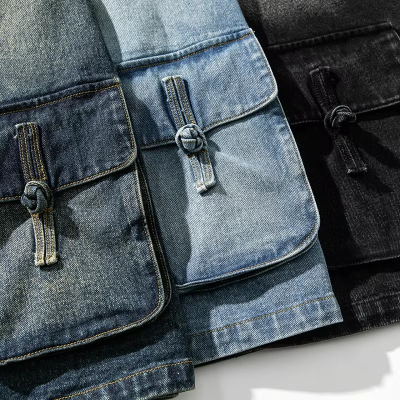 Men’s Vintage Denim Kimono Jacket, Casual Chinese Style Button Jean Coat