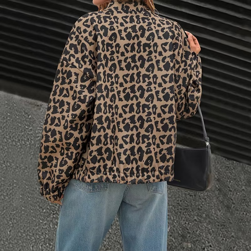 Women’s Leopard Print Stand Collar Jacket for Work and Streetwear