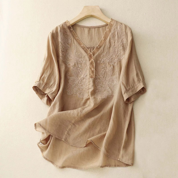 Vintage Cotton Linen V Neck Short Sleeve Summer Blouse for Women