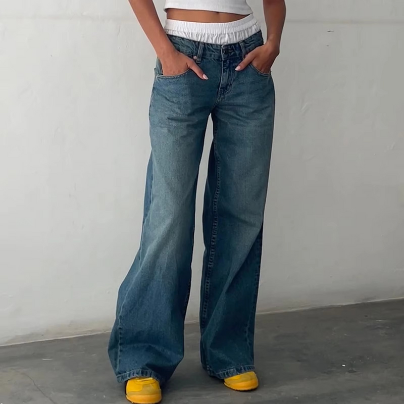 Retro Washed Mid Waisted Straight Leg Jeans for Women