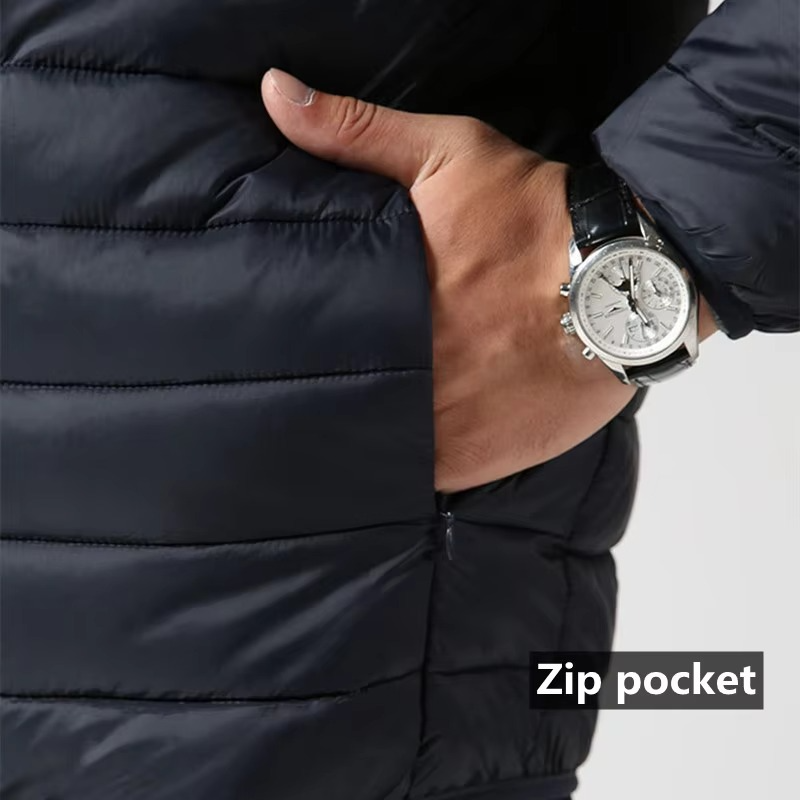 Men's Lightweight Hooded Cotton Down Jacket with Zip Pockets – Casual Winter Parka
