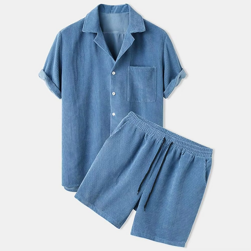 Men's Summer Corduroy 2-Piece Set – Short Sleeve Lapel Shirt with Matching Shorts