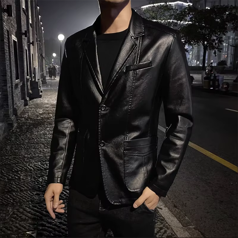 Men's Business Casual Leather Jacket with Suit Collar – Slim Fit, Black or Khaki, Sizes up to 5XL
