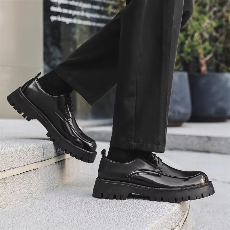 Men's Business Casual Leather Derby Shoes with Lace-up Design and Elevated Thick Sole