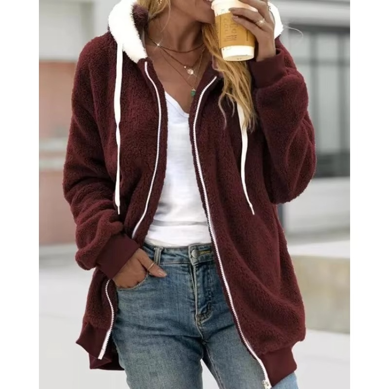 Cozy Autumn Women’s Fleece Zip-Up Hooded Sweatshirt with Tie Collar