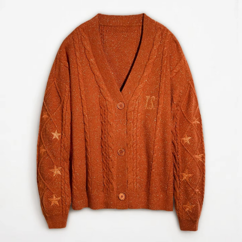 Autumn Red Maple Leaf Embroidered Knit Cardigan for Women