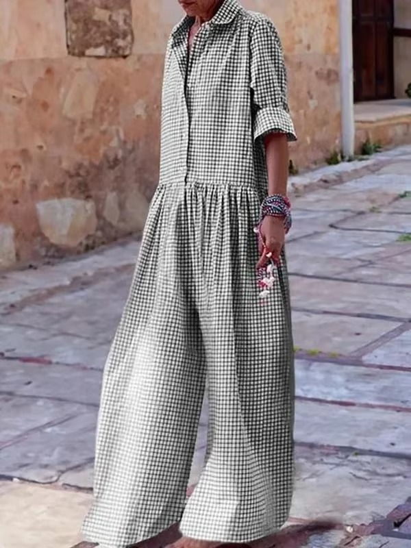 Plaid Wide Leg Lapel Jumpsuit for Women — Effortless Style in One Piece