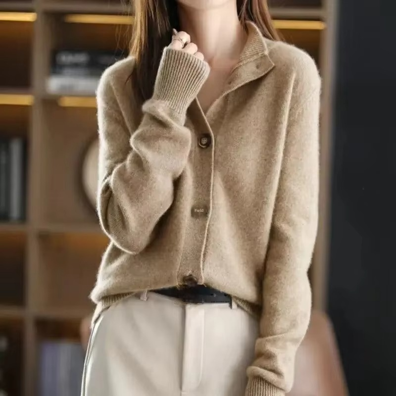 Women's Knit Cardigan Jacket with Stand Collar, Soft Sweater Coat for Autumn Winter 2024