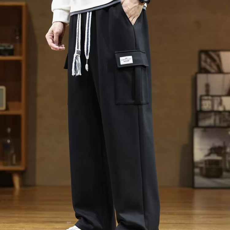 Men's Cotton Multi-Pocket Drawstring Sweatpants, Loose Straight Fit, Up to 8XL
