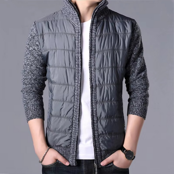 Men's Thick Knit Winter Cardigan Sweater Coat, Patchwork Warm Slim Fit Outerwear