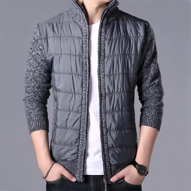 Men's Thick Knit Winter Cardigan Sweater Coat, Patchwork Warm Slim Fit Outerwear