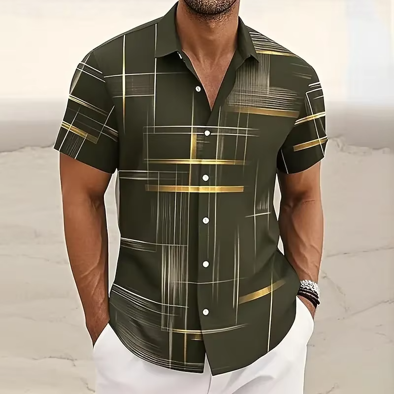Men's 3D Geometric Plaid Short Sleeve Button Shirt