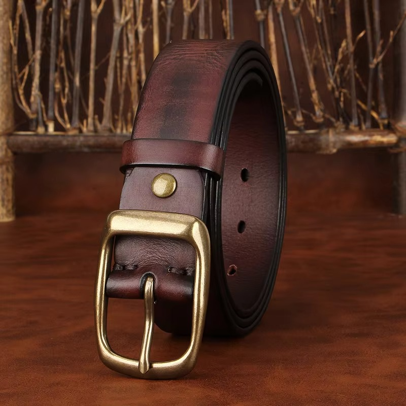 Men's Genuine Leather Belt with Solid Brass Pin Buckle, Vintage Casual Dress Belt