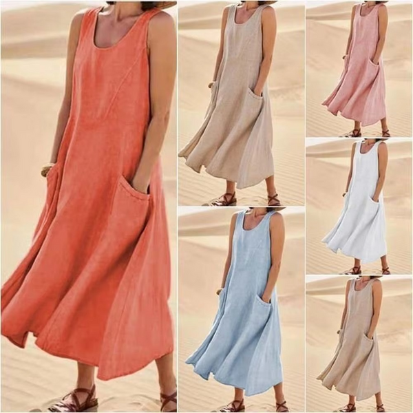 Women’s Cotton Linen Sleeveless Maxi Sundress with Pockets, Loose Fit Beachwear S-5XL
