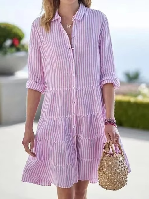 2025 Spring Oversized Striped Shirt Dress for Women with Turn-Down Collar and Long Sleeves