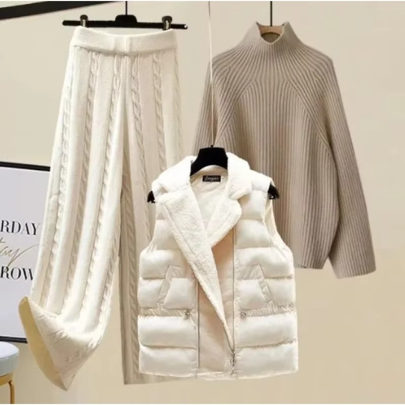 Women's Cozy Knit Three Piece Sweater and Wide Leg Pants Set
