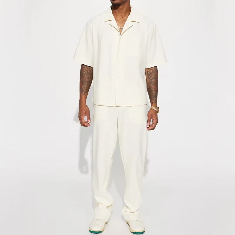 Men's Solid Two-Piece Casual Streetwear Set – Short Sleeve Lapel Shirt with Matching Pants