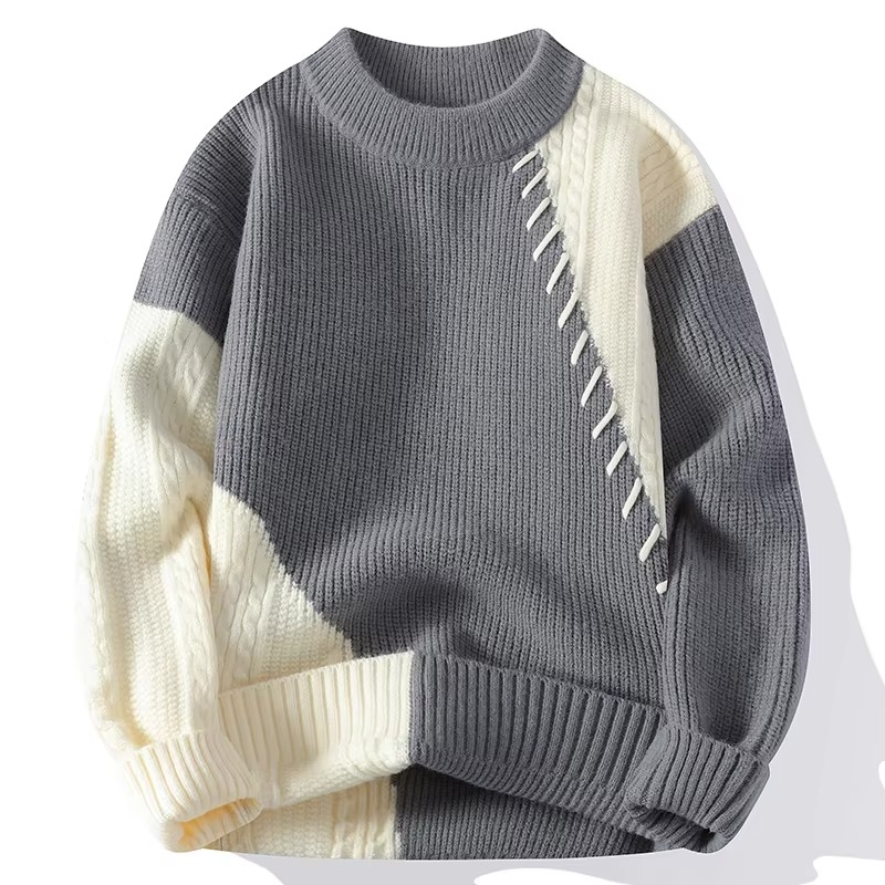 Men's Autumn Winter Patchwork Knit Sweater O Neck Casual Pullover