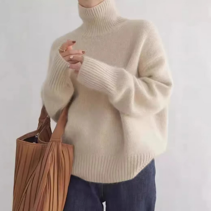 Women's High Neck Autumn Knit Sweater Loose Fit Long Sleeve Pullover