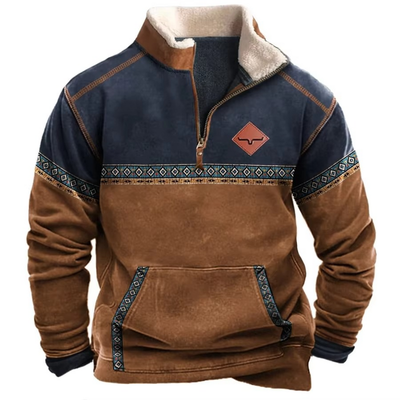 Men’s Retro 3D Printed Hooded Jacket with Leather Collar and Zipper Closure