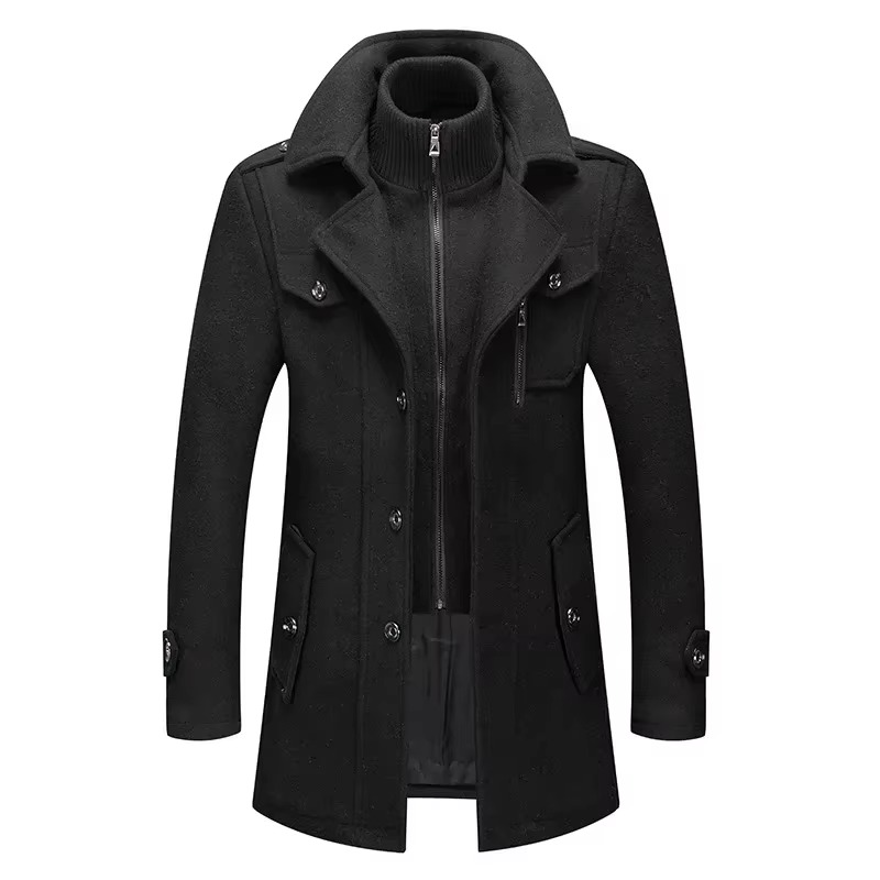 Men’s Mid-Length Wool Trench Coat, Double Collar Zipper Overcoat for Fall and Winter