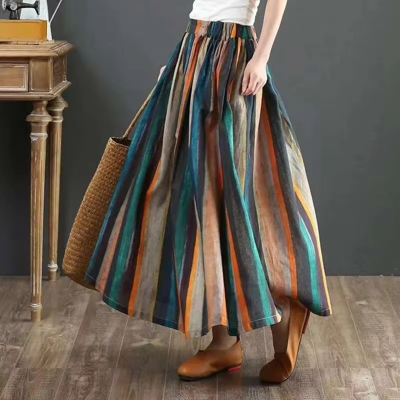 Cotton Linen Striped A-line Midi Pleated Skirt for Women