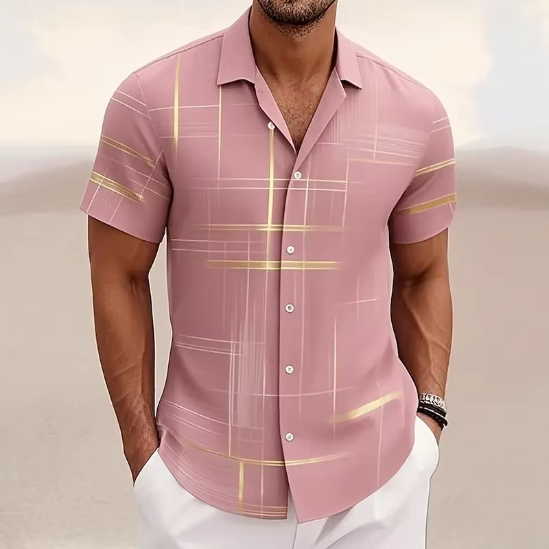 Men's 3D Geometric Plaid Short Sleeve Button Shirt