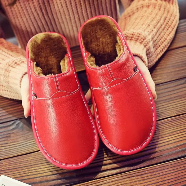 Cozy Leather Plush Waterproof Winter Slippers for Men and Women