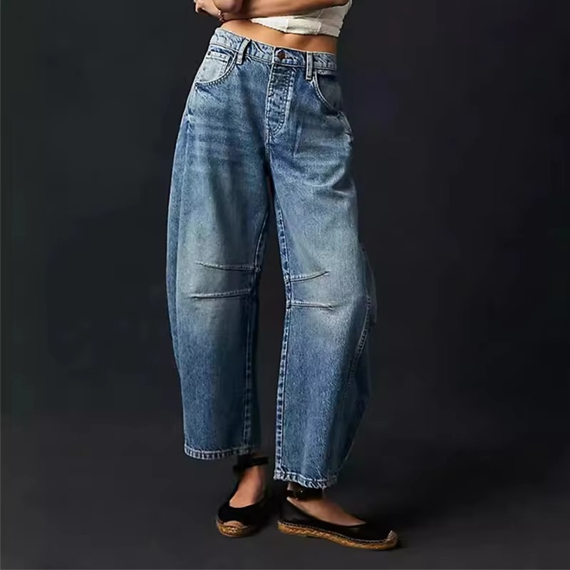 Retro Loose Fit Mid Waist Full Length Denim Jeans for Women