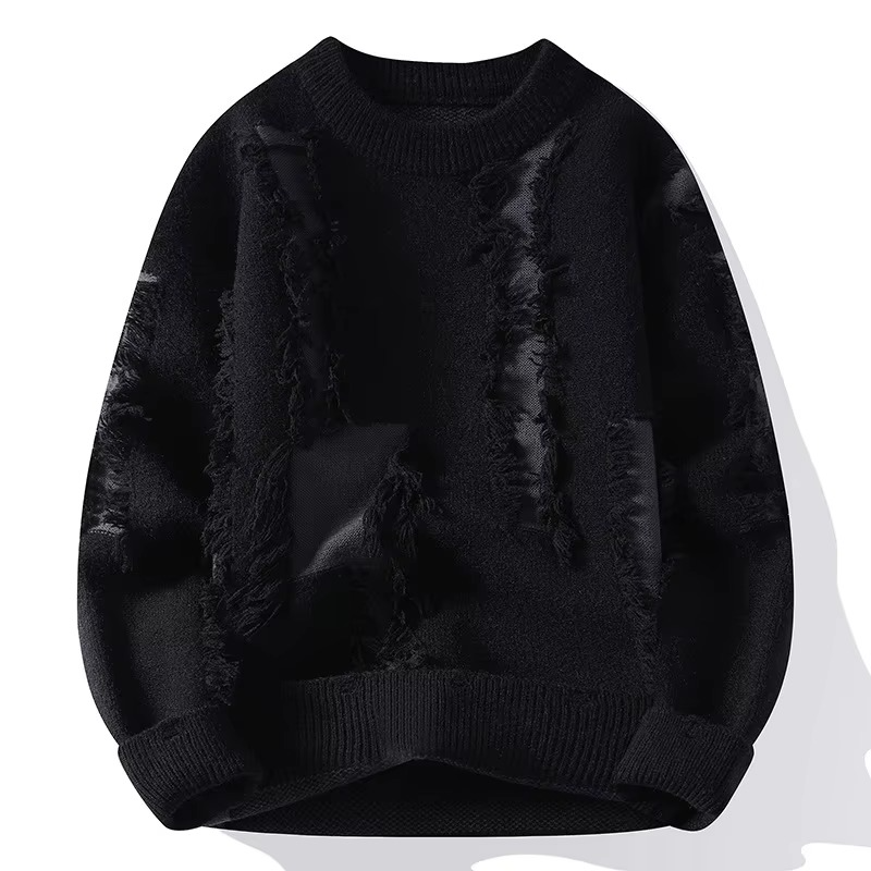Men's Ripped Knit Sweater Loose Fit Crew Neck Pullover