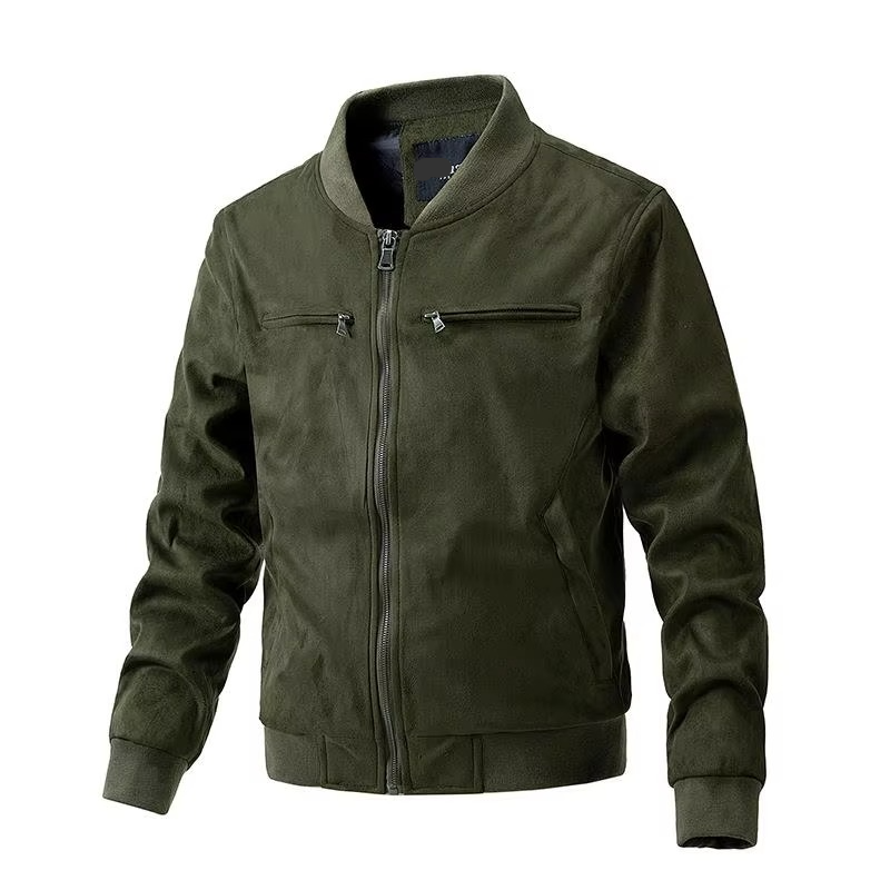 Men’s Autumn Winter Suede Jacket with Stand Collar, Zipper Front, and Lightweight Cotton Lining