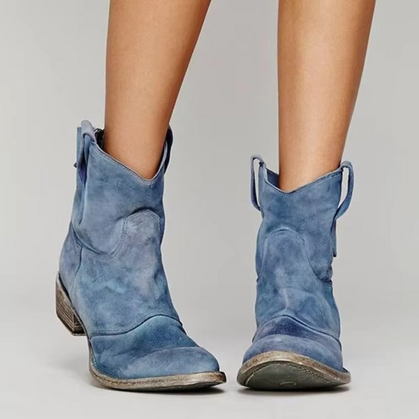 Women’s Vintage Western Ankle Boots – Pointed Toe Low Heel Slip-On Booties