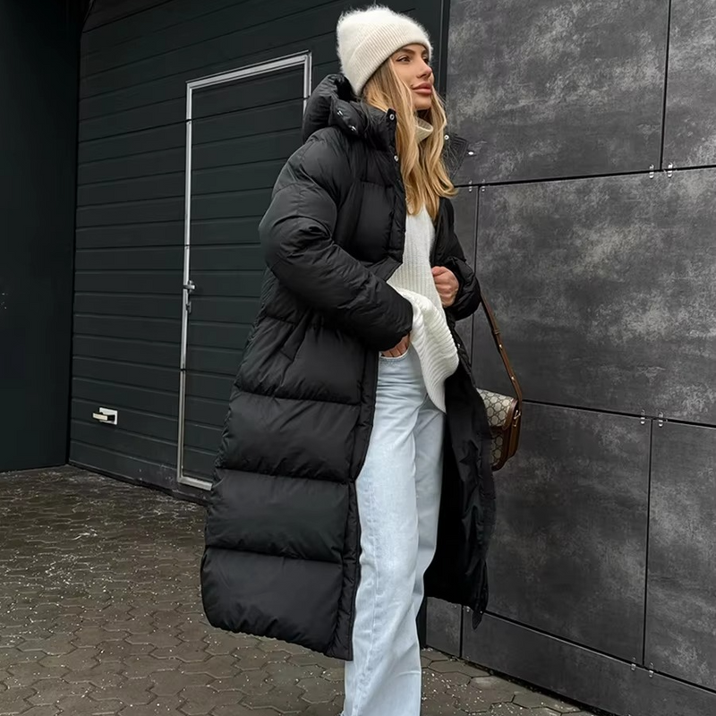 Women's Long Hooded Puffer Jacket, Thick Cotton Padded Winter Overcoat