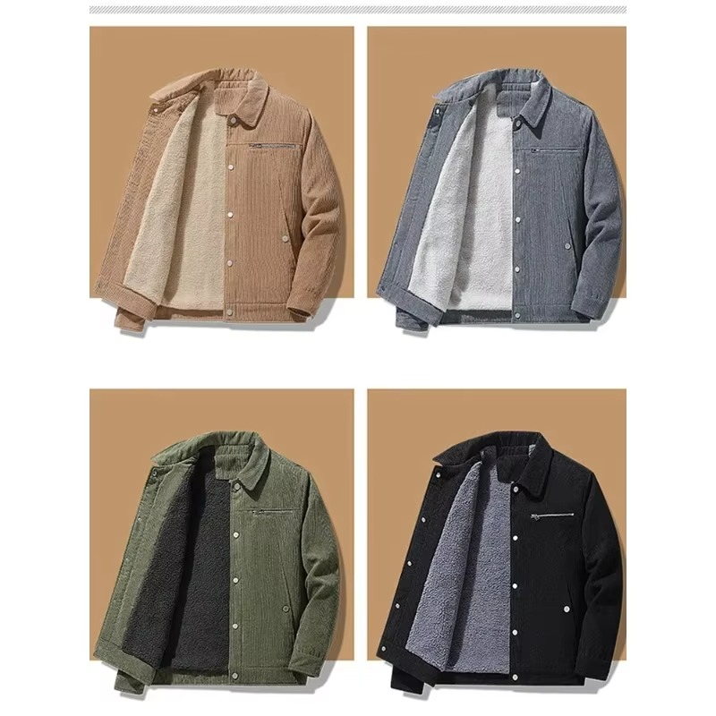 Men's Corduroy Fleece-Lined Cotton Coat for Autumn and Winter
