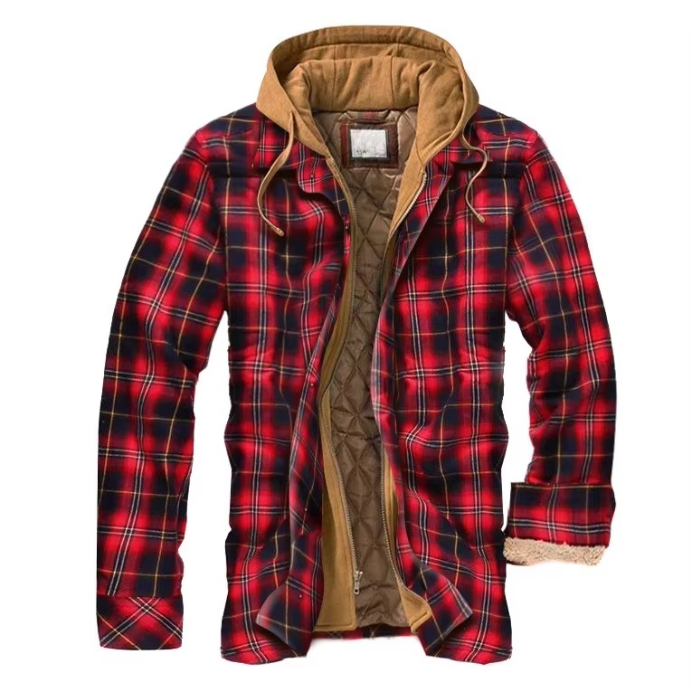 Men's Checkered Cotton Hooded Jacket, Thick Warm Casual Coat, Sizes S–5XL