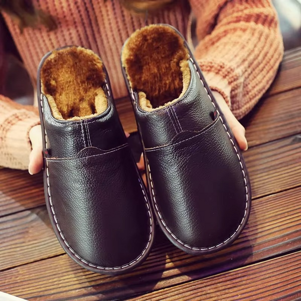 Cozy Leather Plush Waterproof Winter Slippers for Men and Women