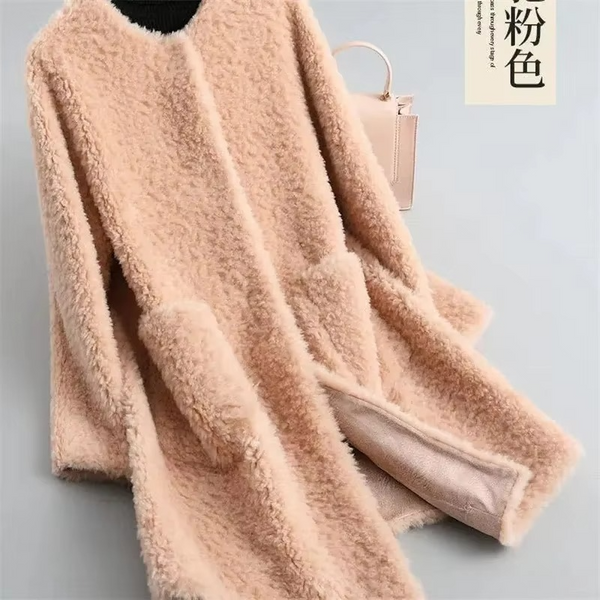 2025 Winter Women’s Mid Length Plush Faux Lamb Fur Coat Cardigan