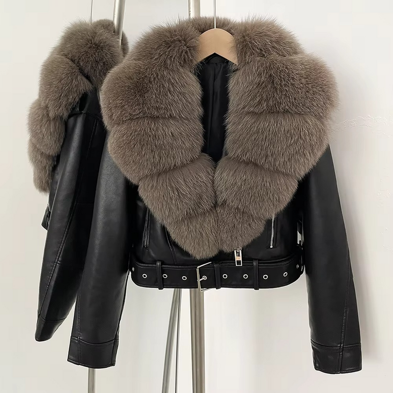 Women's Sheepskin Leather Coat with Real Fox Fur Collar — Warm Slim Fit Winter Jacket