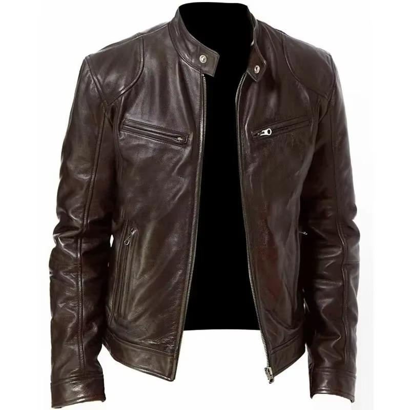 Men's Slim Fit PU Leather Jacket, Stand Collar, Anti‑Wind Motorcycle Style