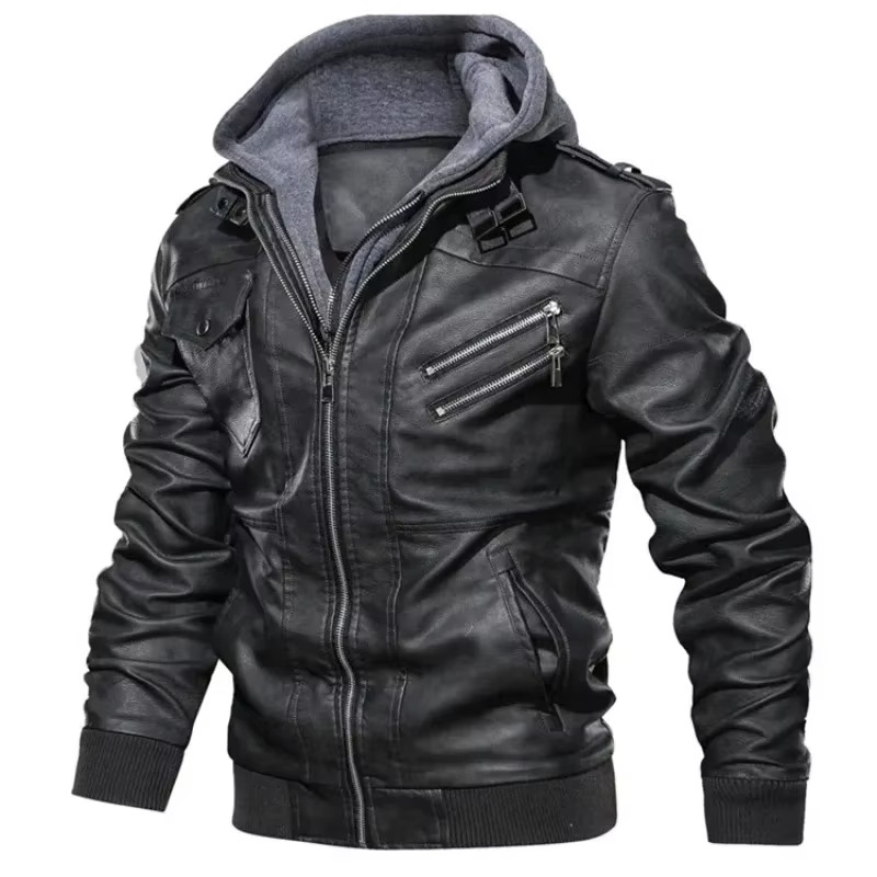 Men's Hooded PU Leather Biker Jacket Streetwear Zipper Coat for Spring or Fall